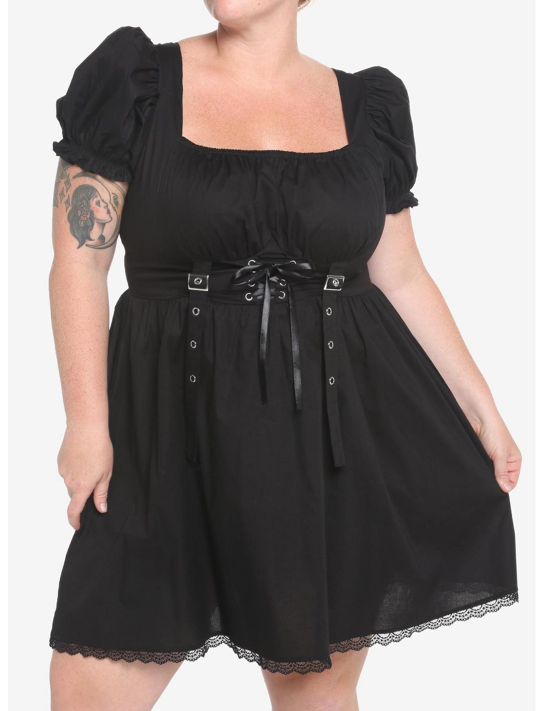 Black Corset Grommet Dress Plus Size, BLACK, hi-res