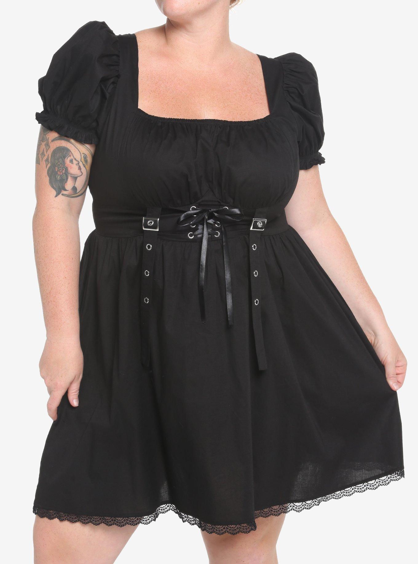 Black Corset Grommet Dress Plus Size, BLACK, hi-res