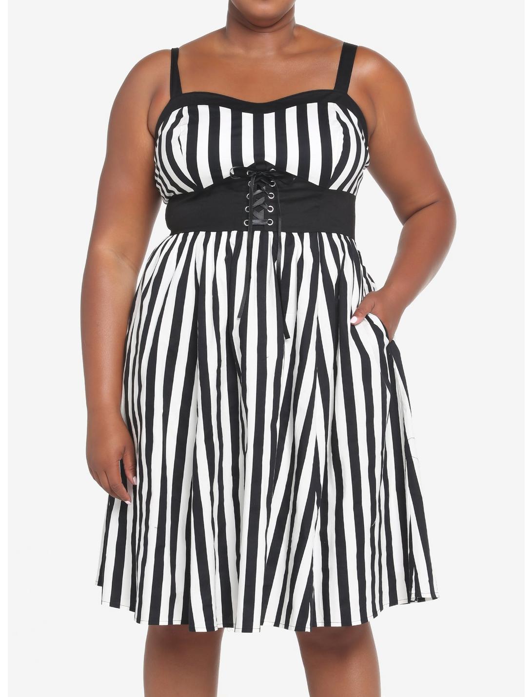 Black & White Stripe Corset Dress Plus Size, STRIPE-BLACK WHITE, hi-res