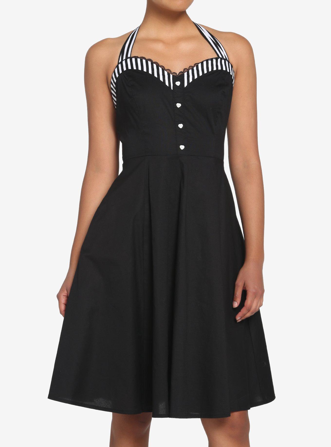 Black & White Stripe Retro Halter Dress, STRIPE WHITE AND BLACK, hi-res