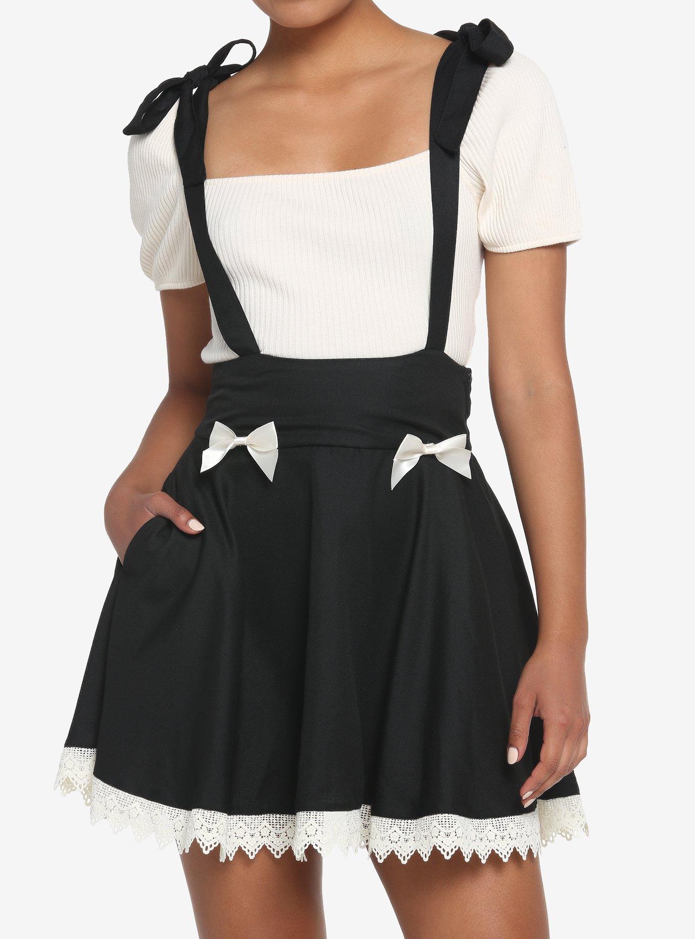 Black & White Ribbon Lace Suspender Skirt, BLACK, hi-res