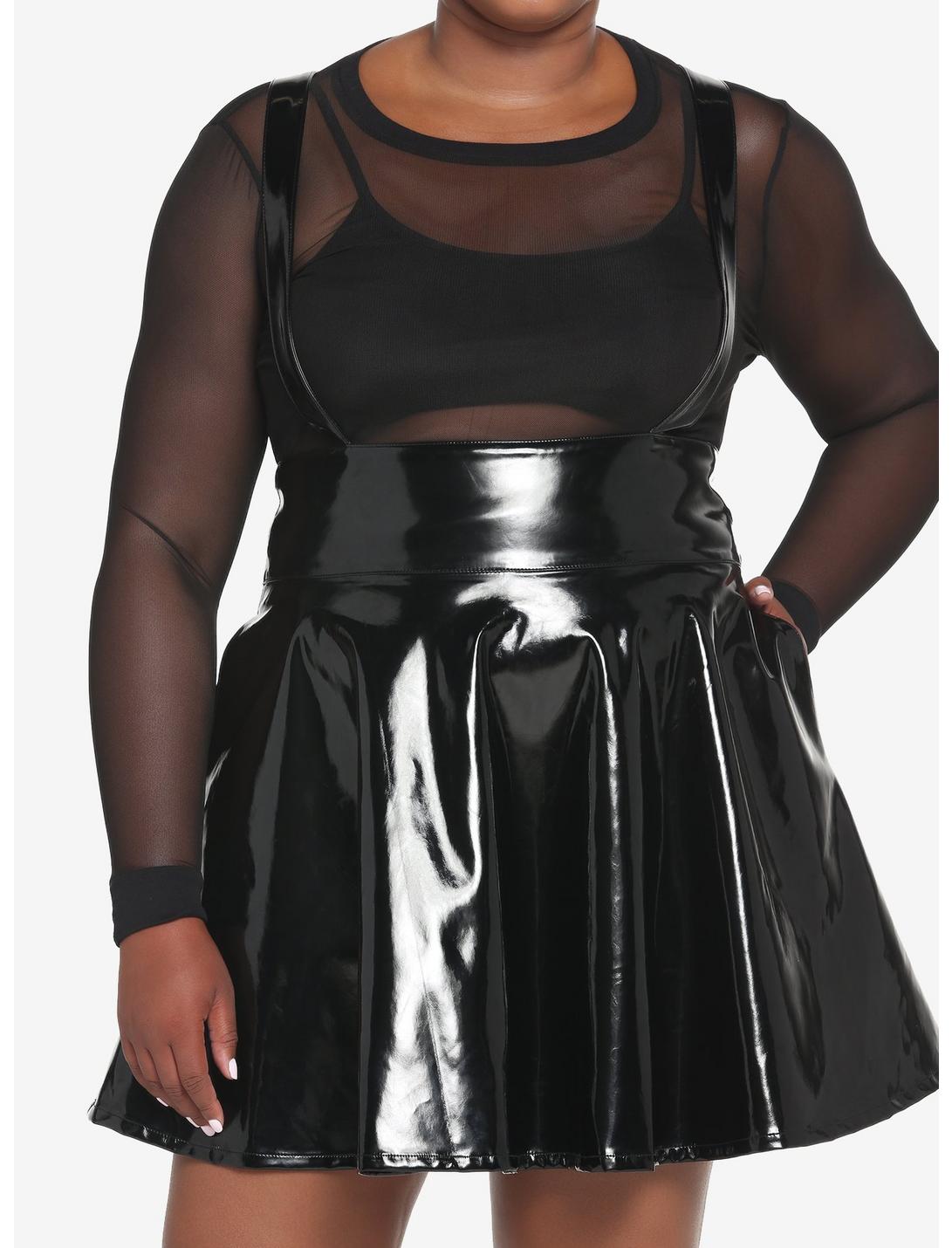 Black Patent Faux Leather Suspender Skirt Plus Size, BLACK, hi-res