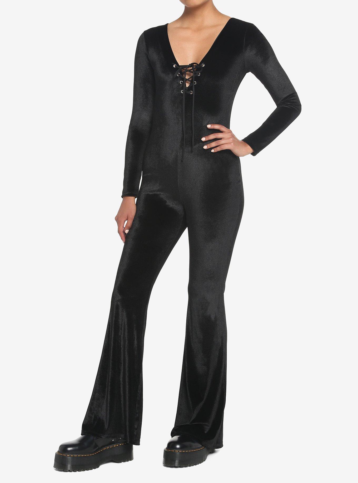 Women's Black Gothic Velvet Velour Flare Bell Bottom Leggings Trouser  Halloween