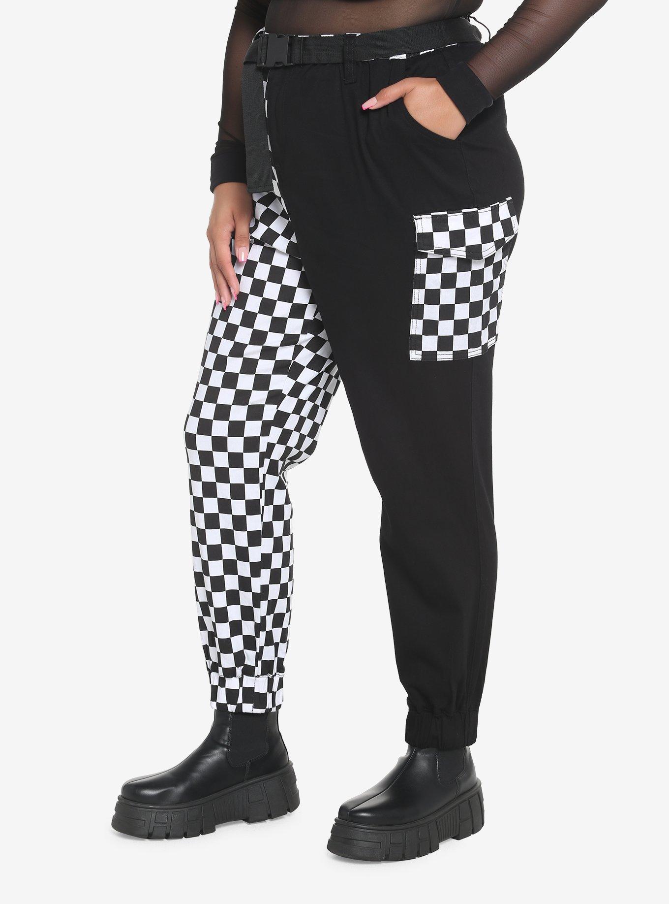 Black & White Checkered Split Cargo Jogger Pants Plus Size, BLACK  WHITE, hi-res