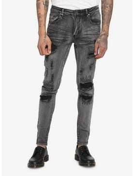 Grey Wash Destructed Skinny Jeans, , hi-res
