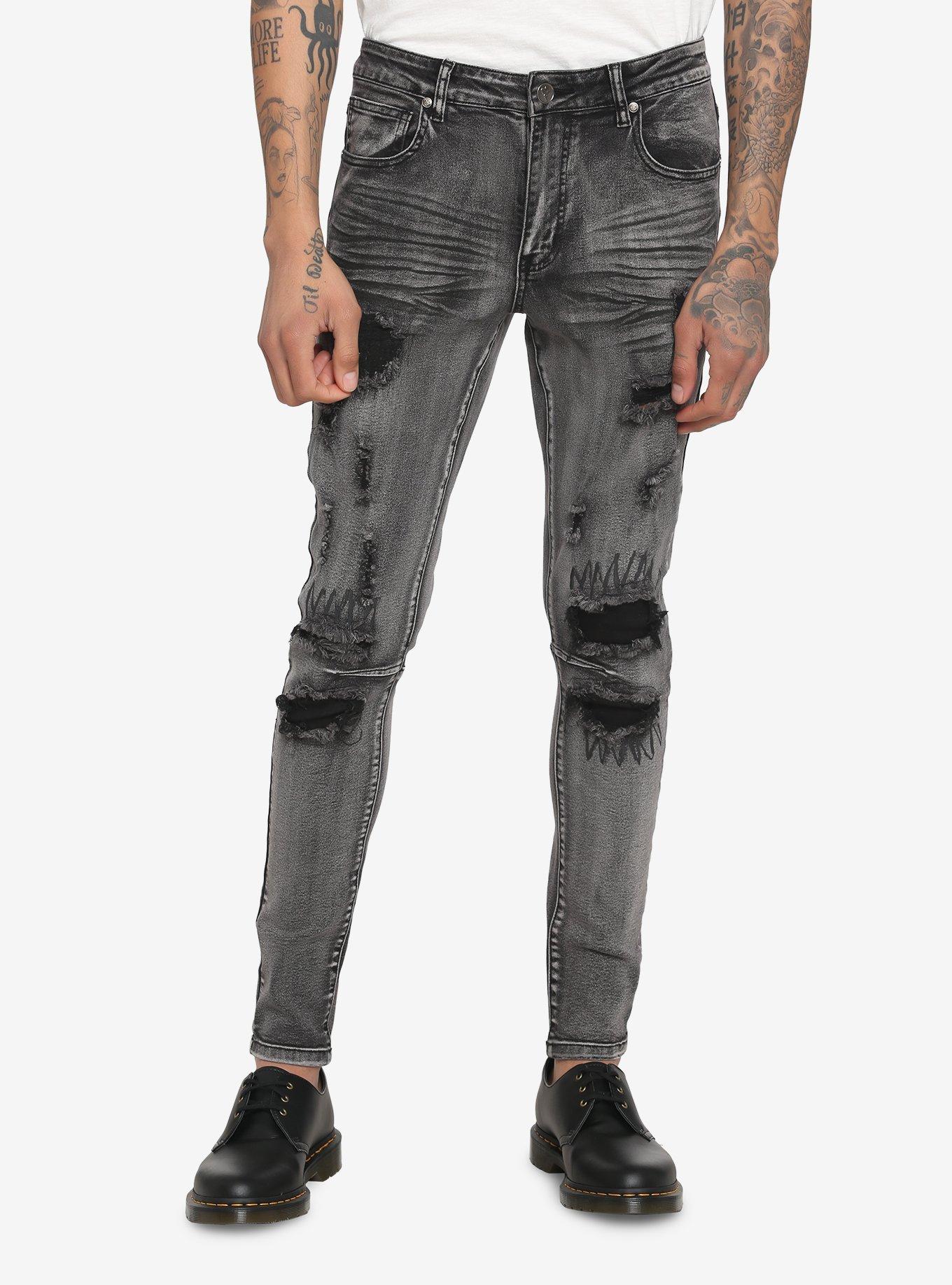 Grey Wash Destructed Skinny Jeans, BLACK  GREY, hi-res