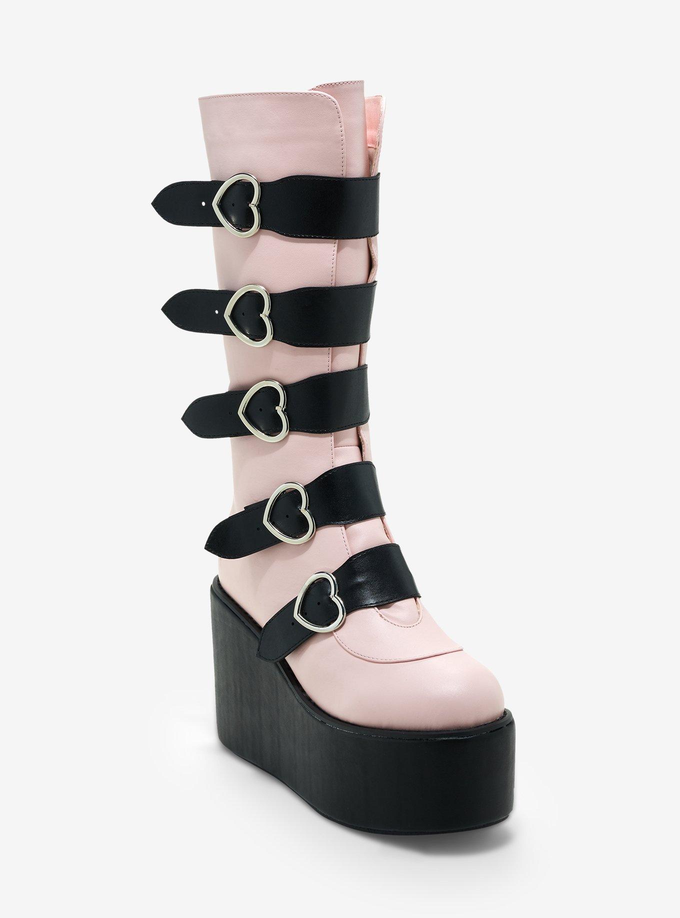 Black Pink Heart Buckle Platform Boots Hot Topic