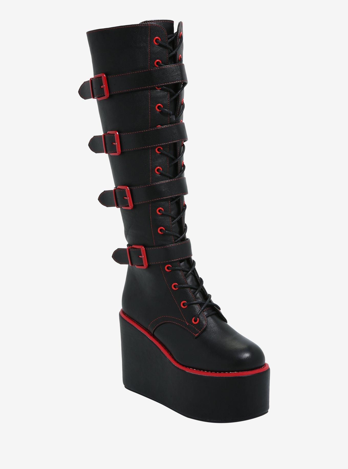 Red Knee High Vinyl Zip Back Boots, Shoes