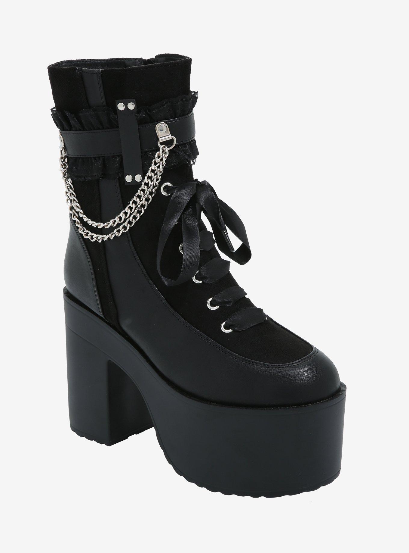 Black Ruffle Chain Platform Boots