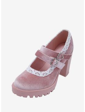 Pink Velvet & Lace High-Heeled Platform Mary Janes, , hi-res