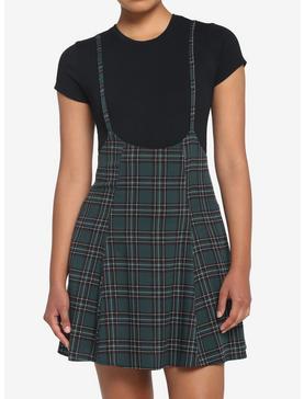 Green Plaid High-Waisted Suspender Skirt, , hi-res