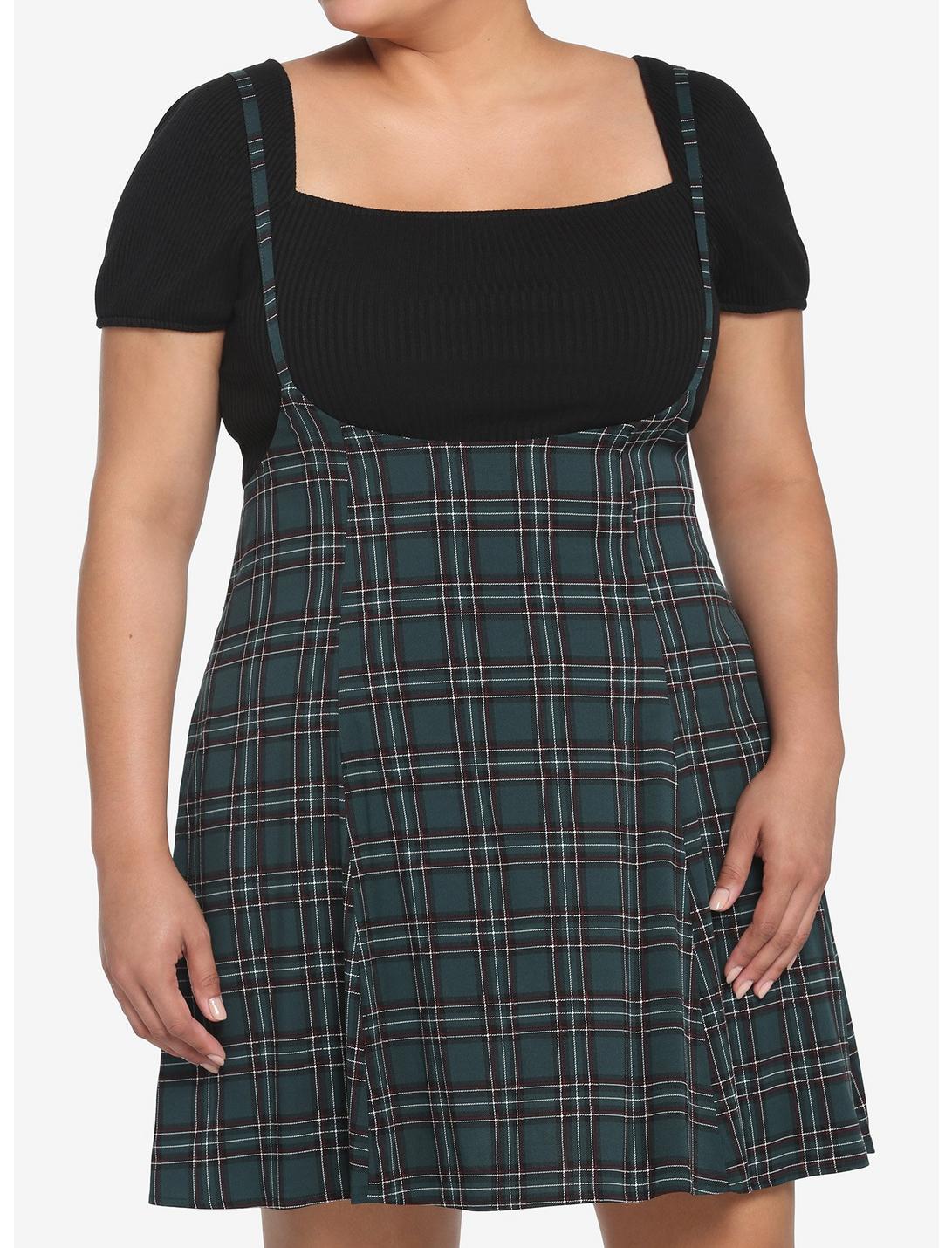 Green Plaid High-Waisted Suspender Skirt Plus Size, PLAID, hi-res