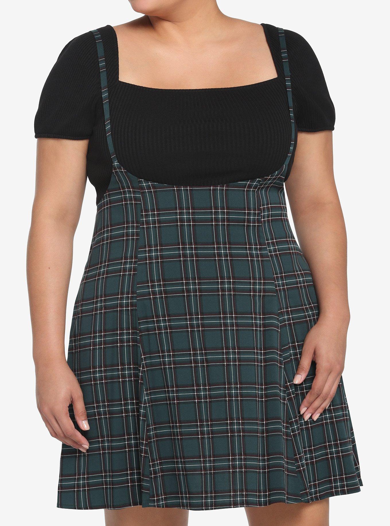 Green Plaid High-Waisted Suspender Skirt Plus Size, PLAID, hi-res