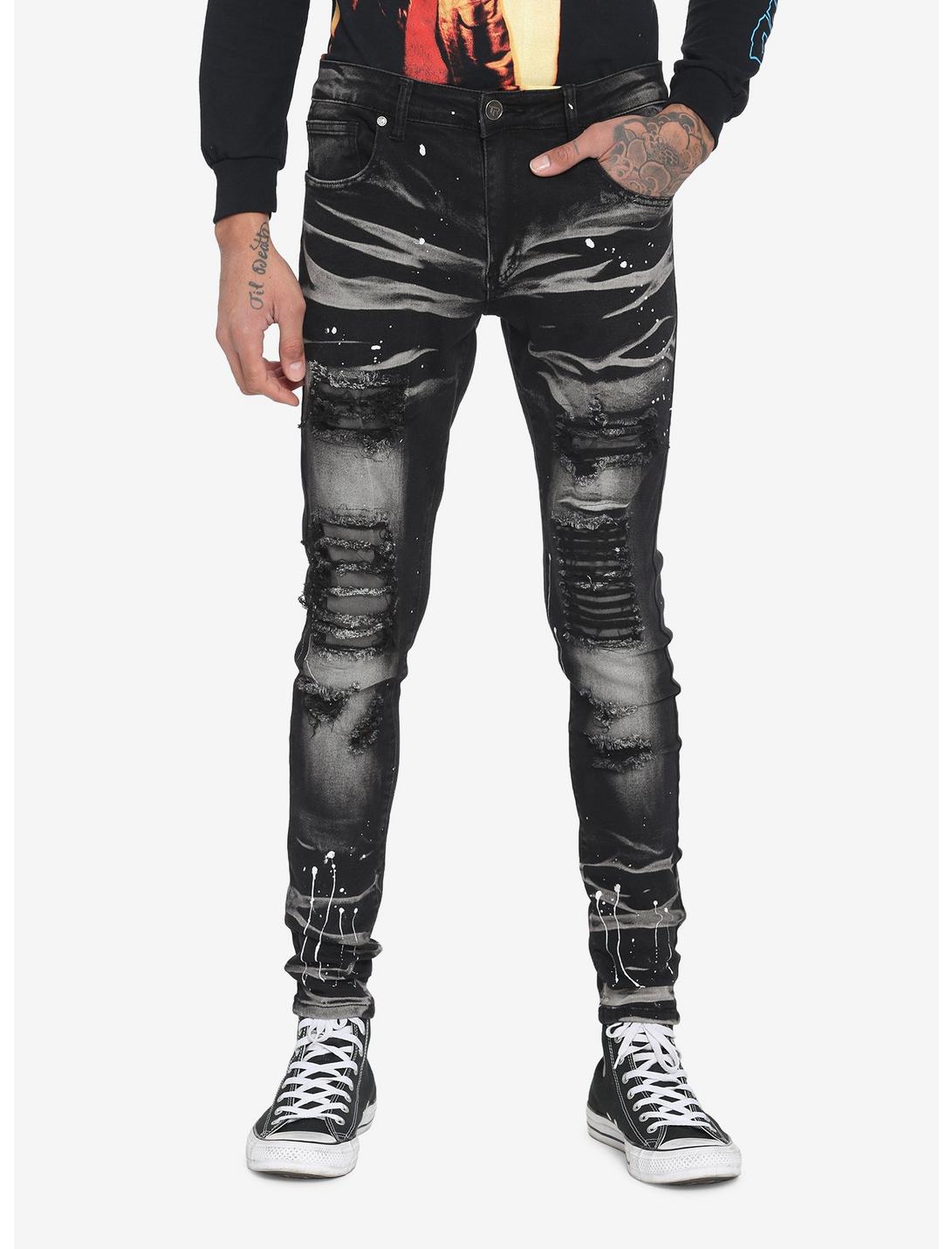 Black Paint Splatter Distressed Skinny Jeans, BLACK, hi-res