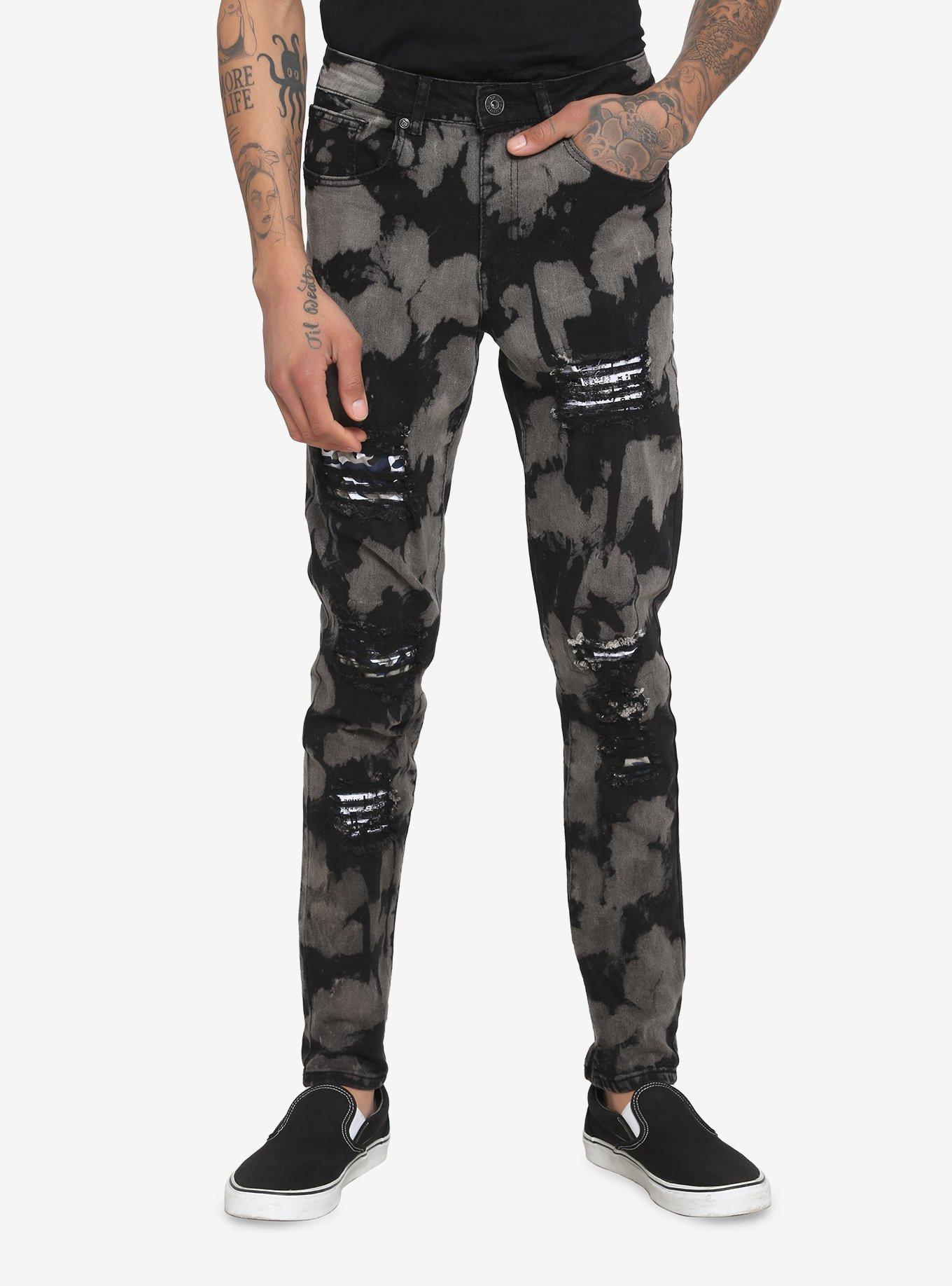 Black & Grey Wash Destructed Skinny Jeans, BLACK  GREY, hi-res