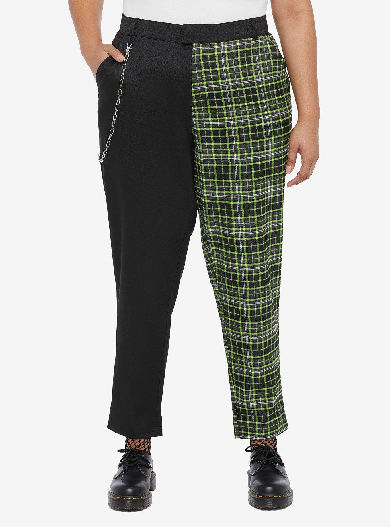 Black & Green Plaid Split Chain Pants Plus Size, BLACK  GREEN, hi-res