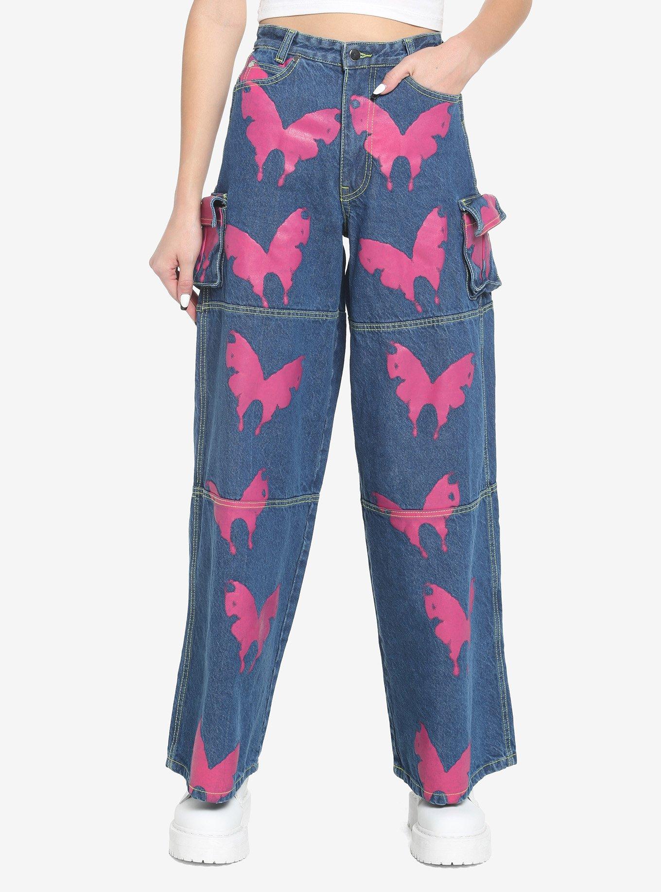 Pink Butterfly Denim Cargo Pants, INDIGO, hi-res