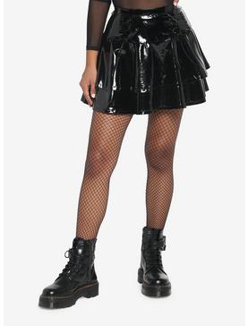 Black Faux Leather Lace-Up Tiered Skirt, , hi-res