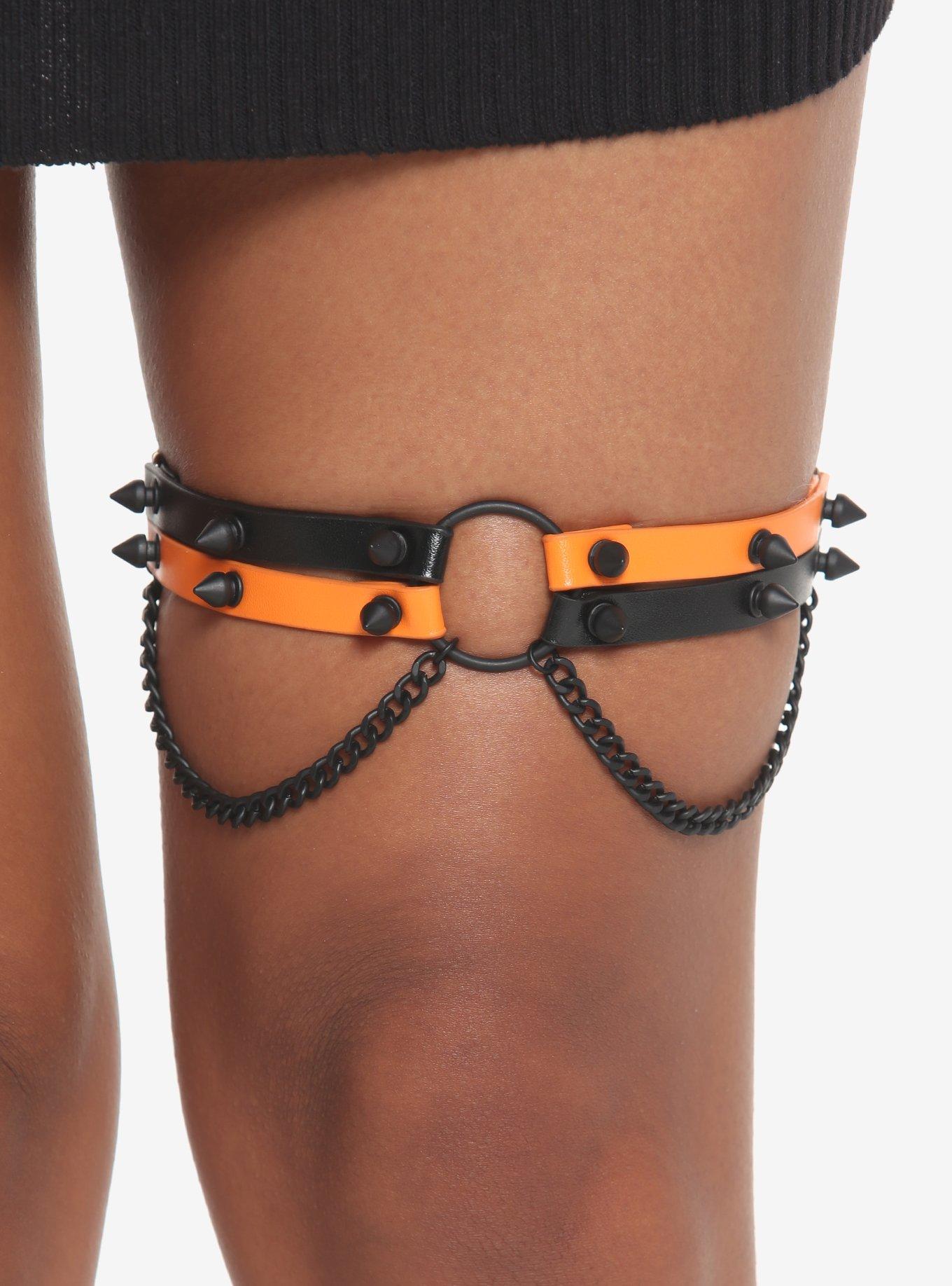 Orange & Black Chain Spike Garter | Hot Topic