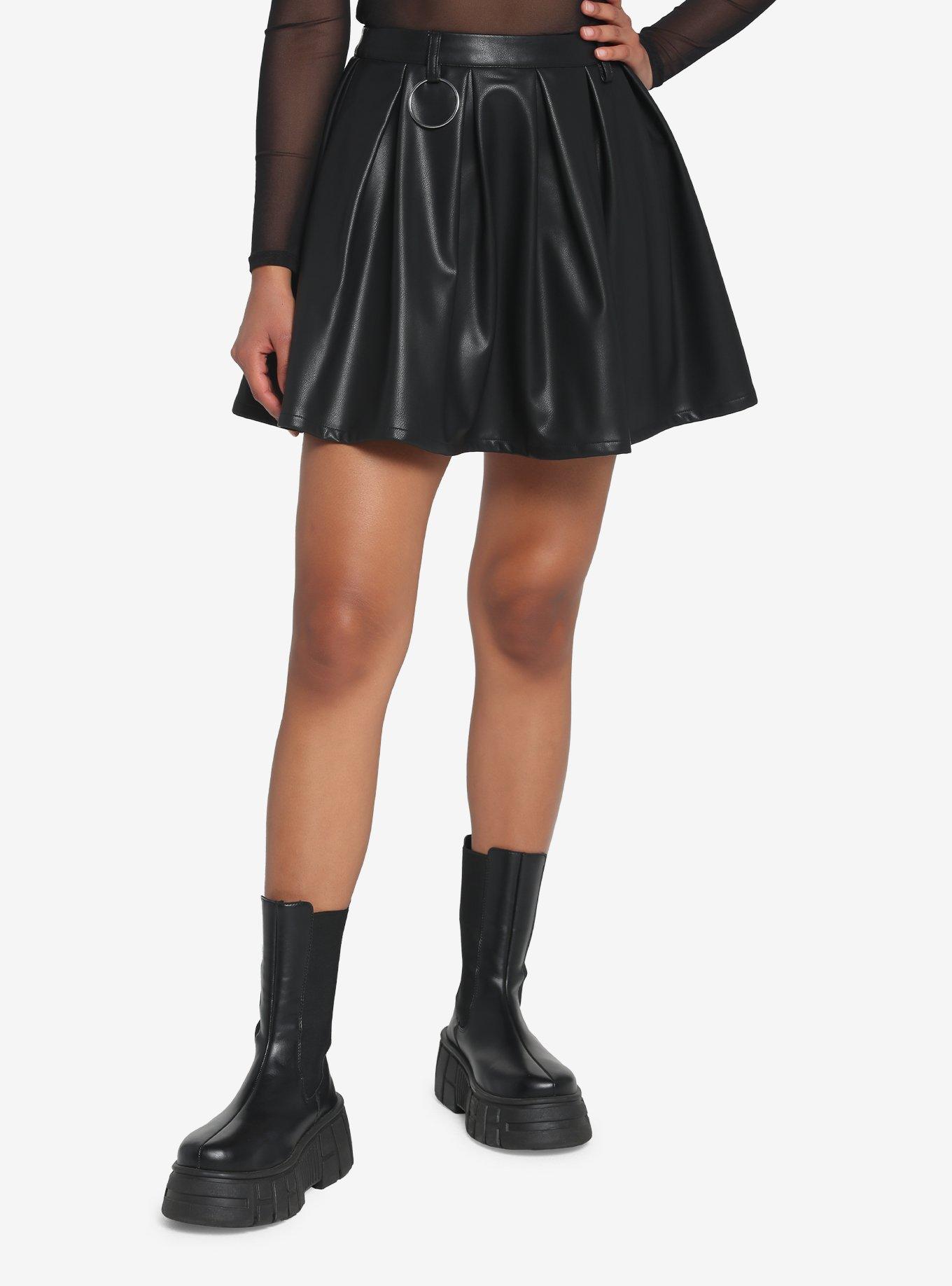 Black Faux Leather Pleated Skirt, BLACK, hi-res