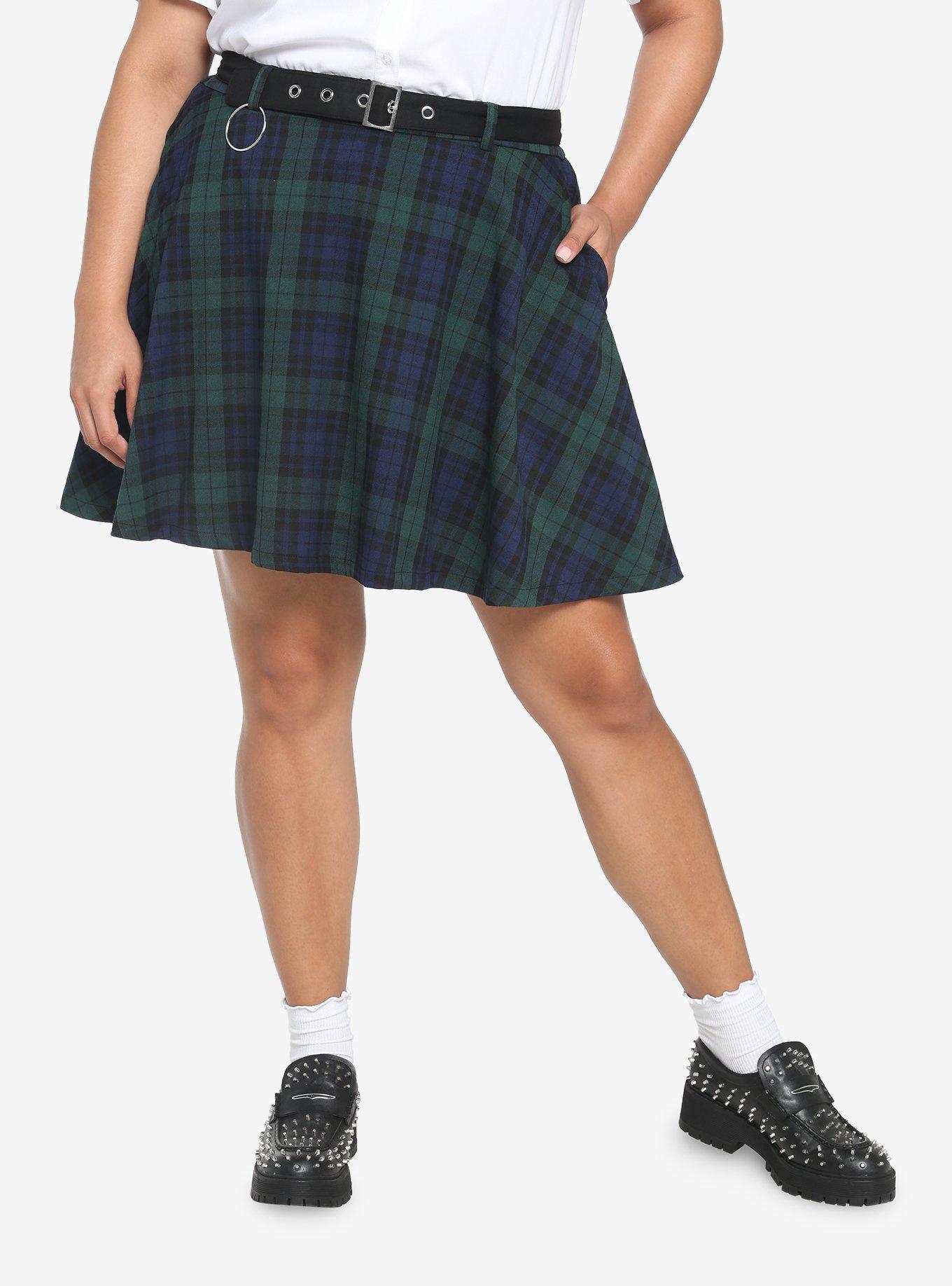 Green & Blue Plaid Skirt With Grommet Belt Plus Size, BLACK, hi-res
