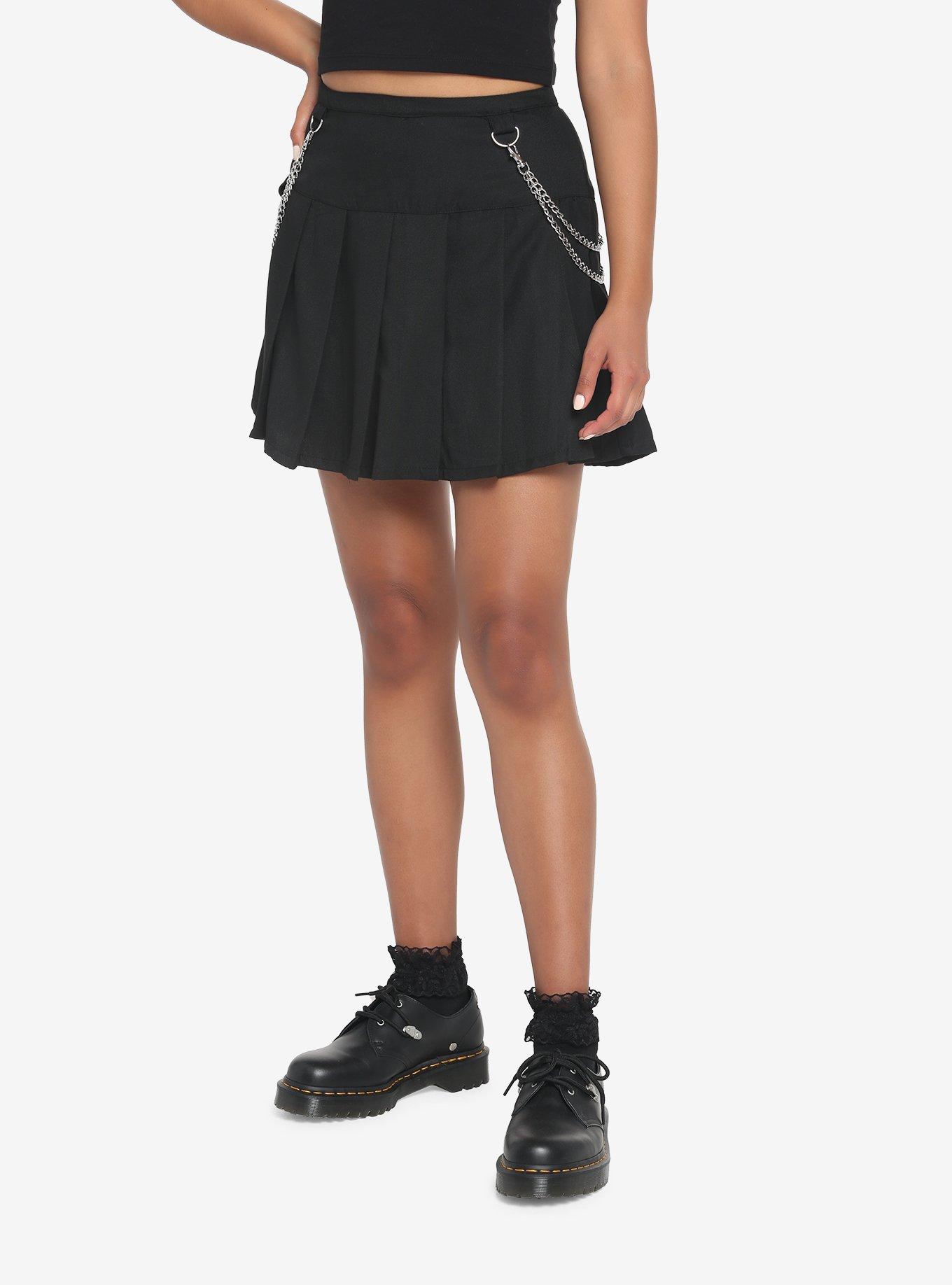 Black Double Chain Pleated Skirt, , hi-res