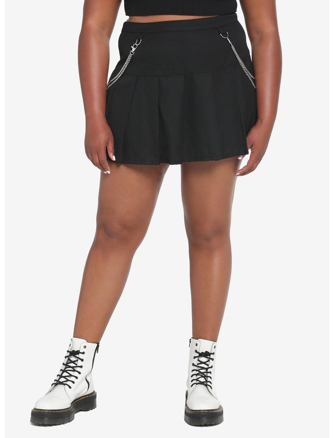 Black Double Chain Pleated Skirt Plus Size, BLACK, hi-res