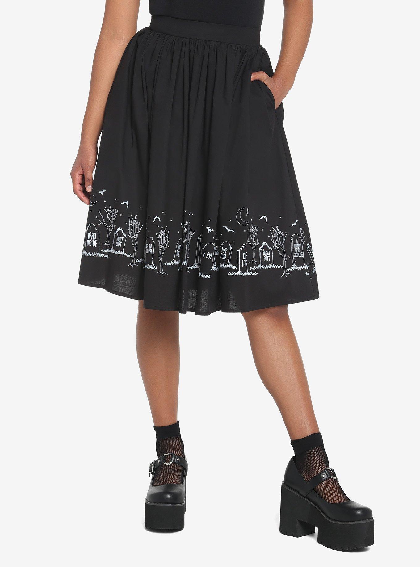 Graveyard Bats Midi Skirt, BLACK, hi-res