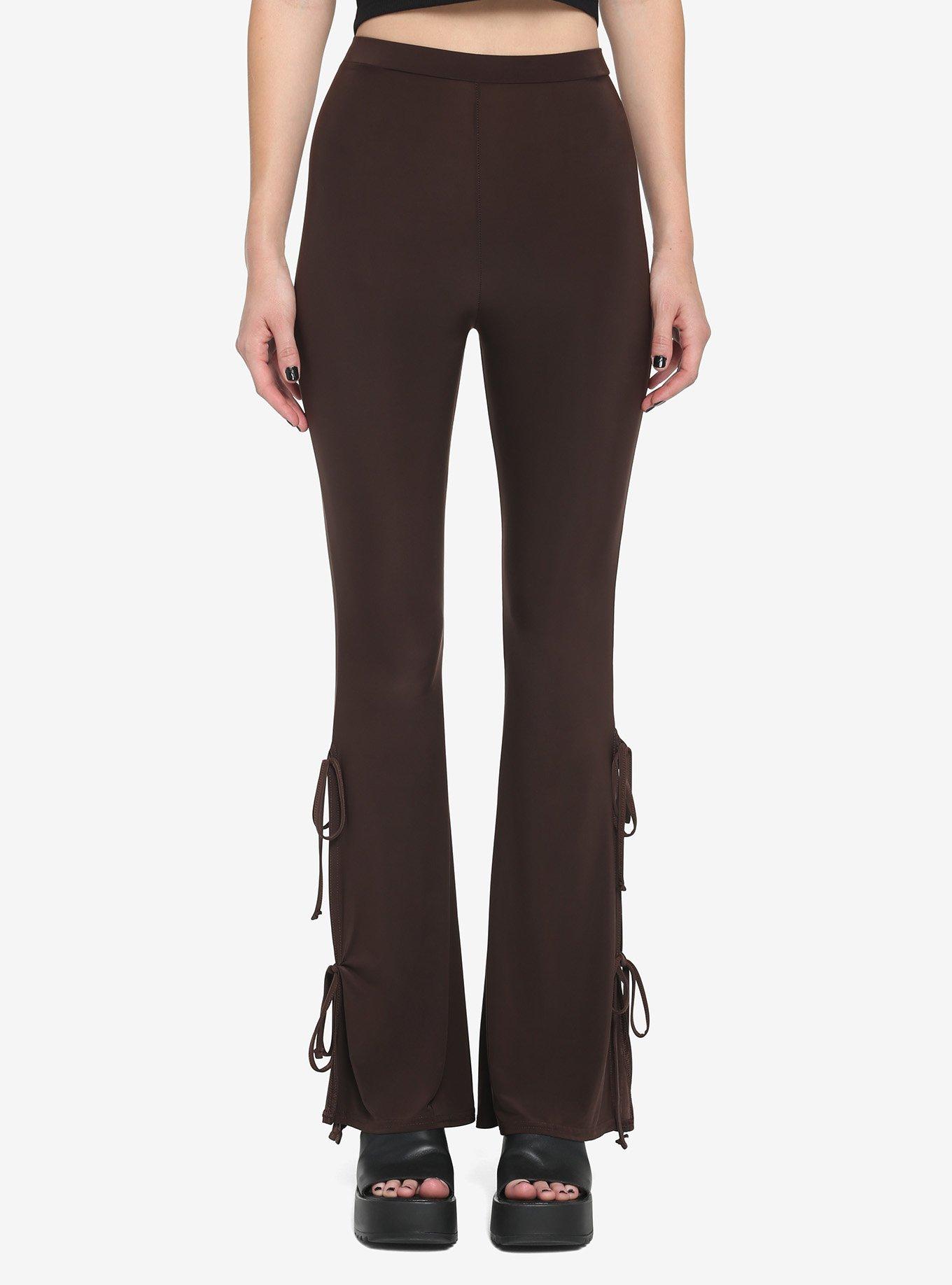 Brown Side Tie Flare Leggings, , hi-res