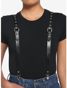 Black Faux Leather Grommet Suspenders, , hi-res