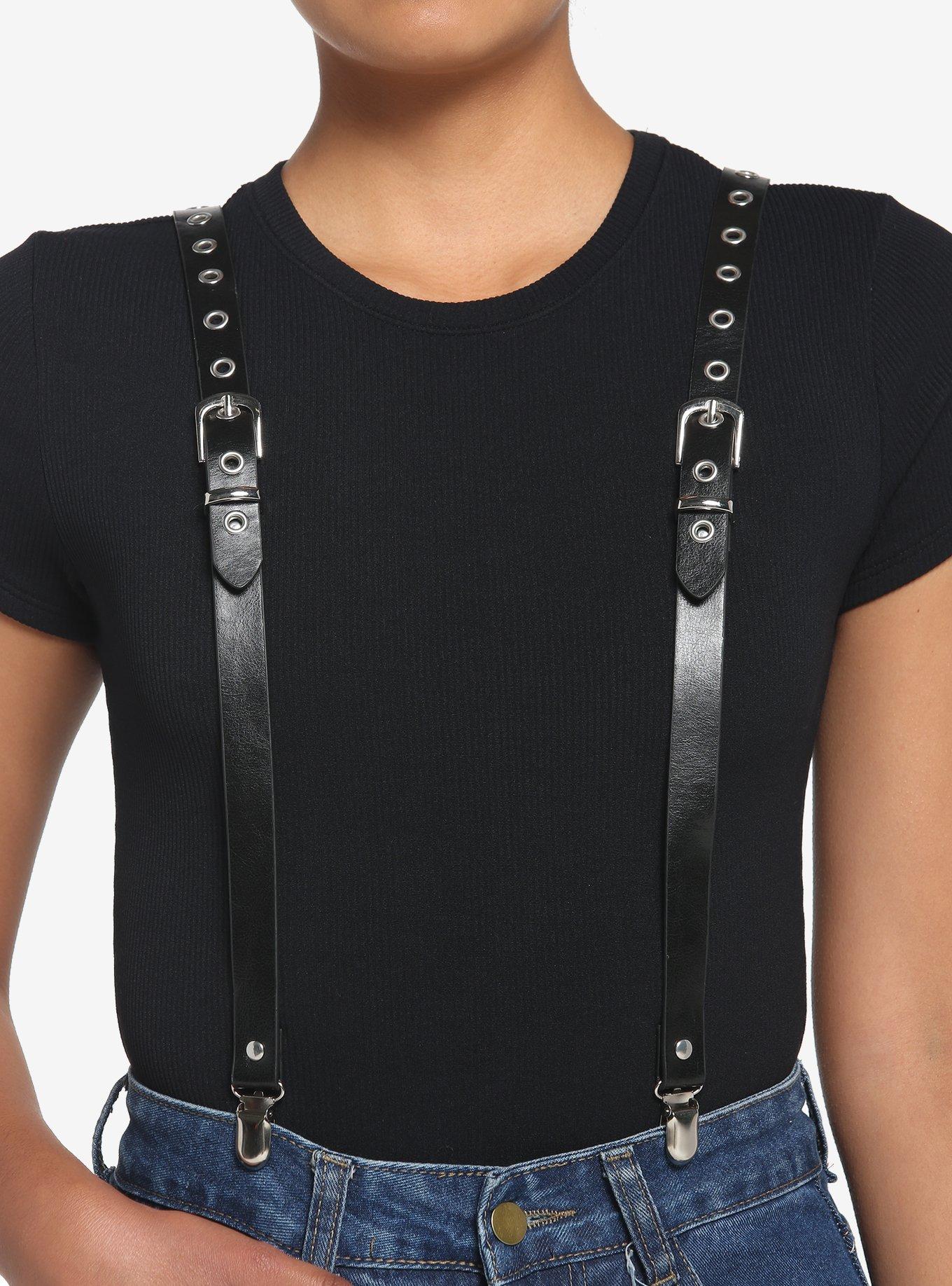 Black Faux Leather Grommet Suspenders, , hi-res
