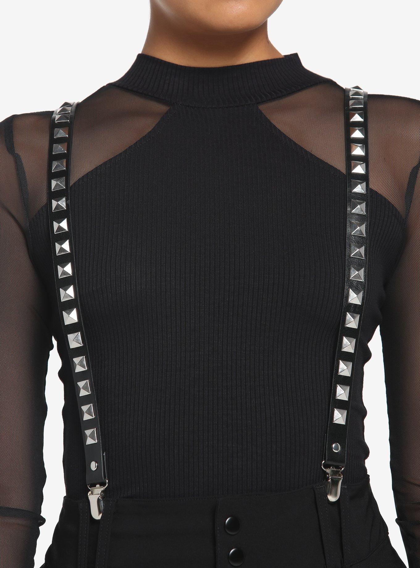 Black Faux Leather Pyramid Suspenders, , hi-res