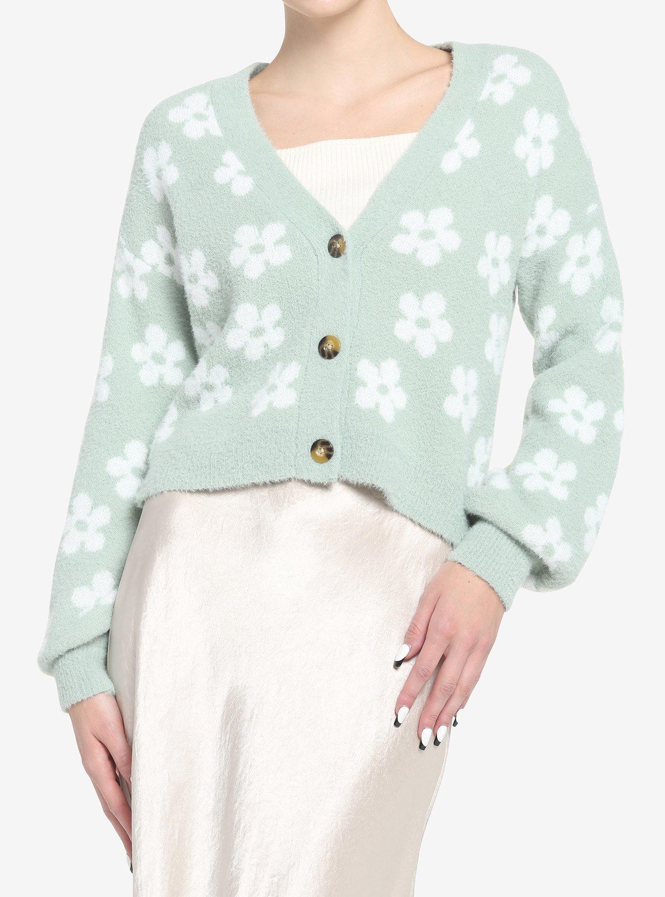 Sage Green Daisy Fuzzy Girls Crop Cardigan, GREEN, hi-res