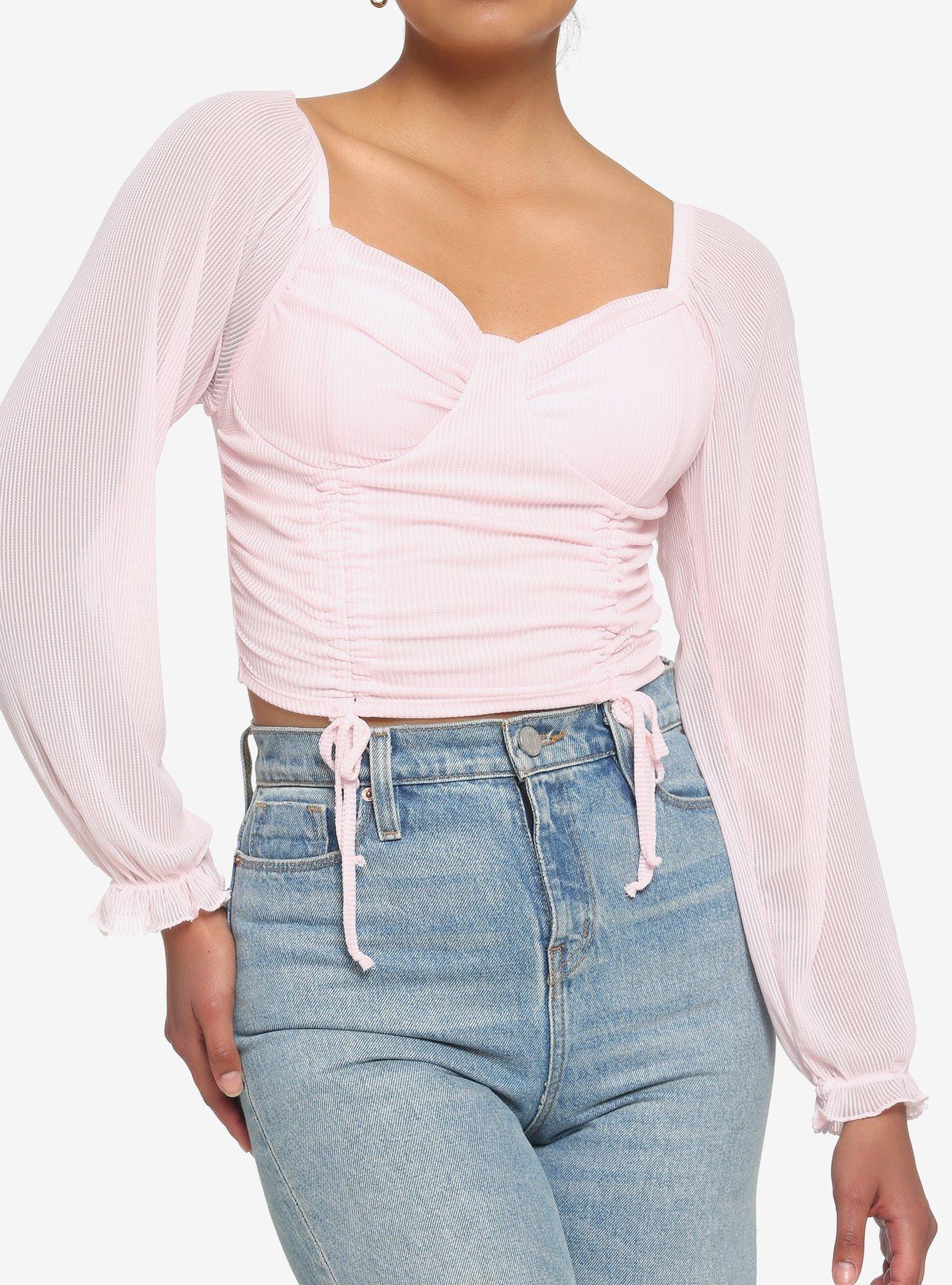 Pink Sheer Girls Crop Peasant Top, PINK, hi-res