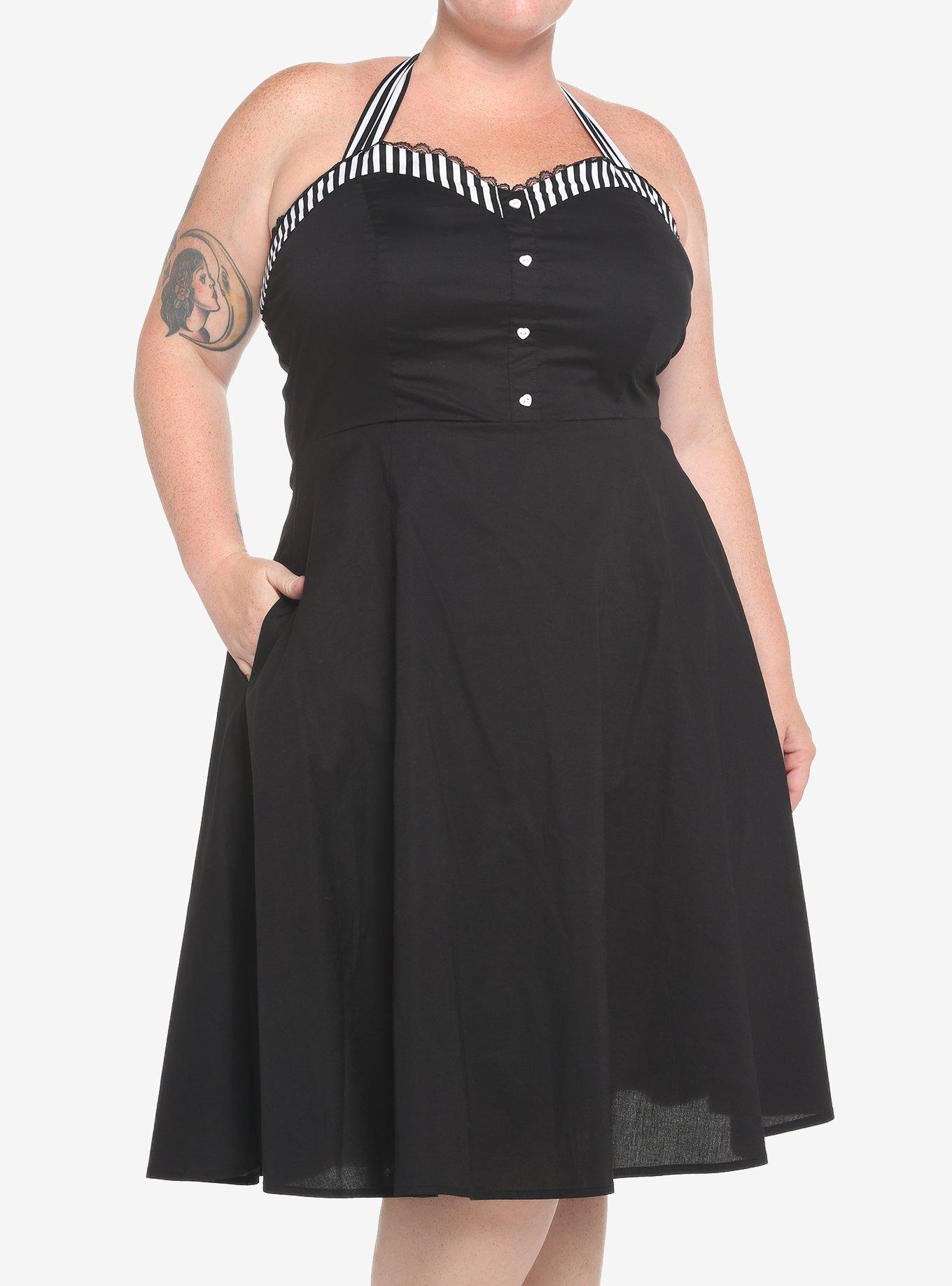 Black & White Stripe Retro Halter Dress Plus Size, BLACK-WHITE STRIPE, hi-res