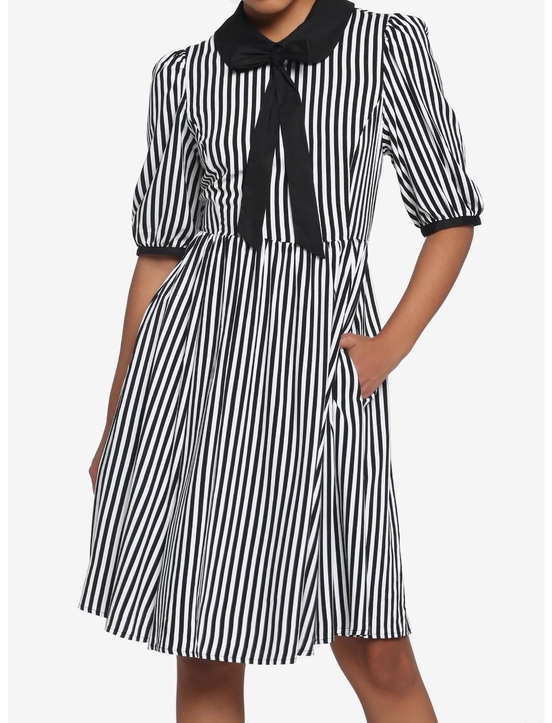 Black & White Stripe Bow Retro Dress, BLACK-WHITE STRIPE, hi-res