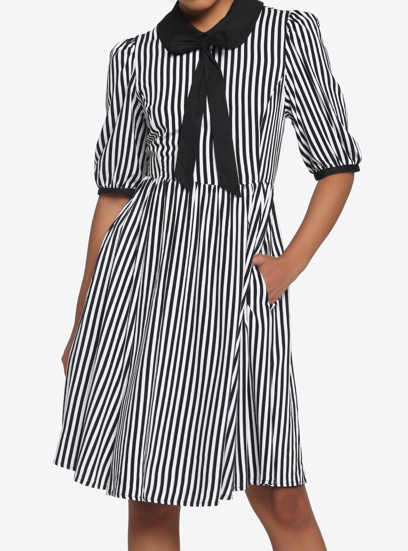Black & White Stripe Bow Retro Dress, BLACK-WHITE STRIPE, hi-res