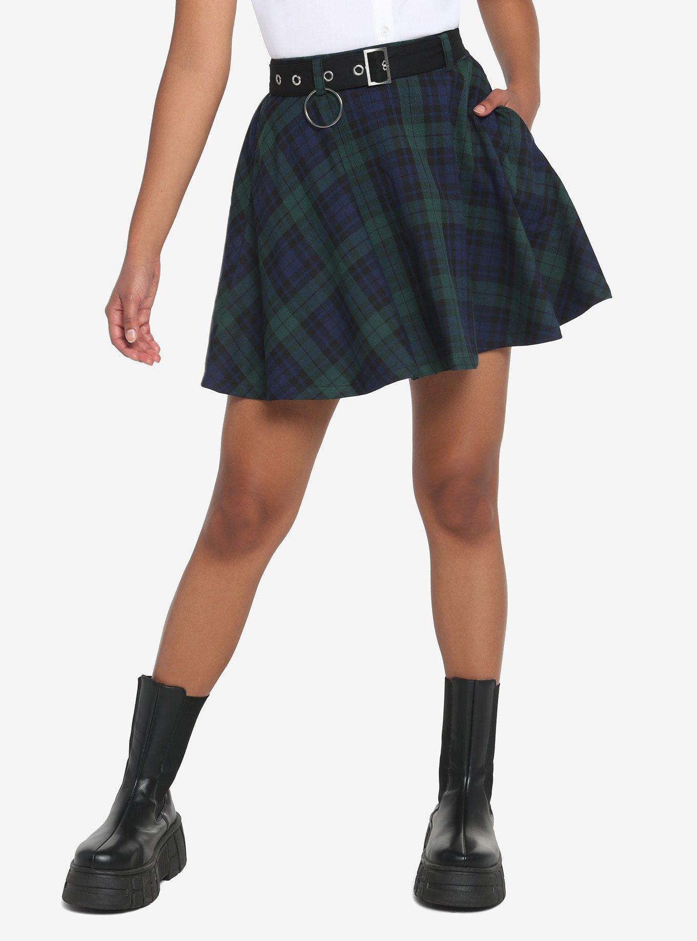 Green & Blue Plaid Skirt With Grommet Belt, PLAID - GREEN, hi-res