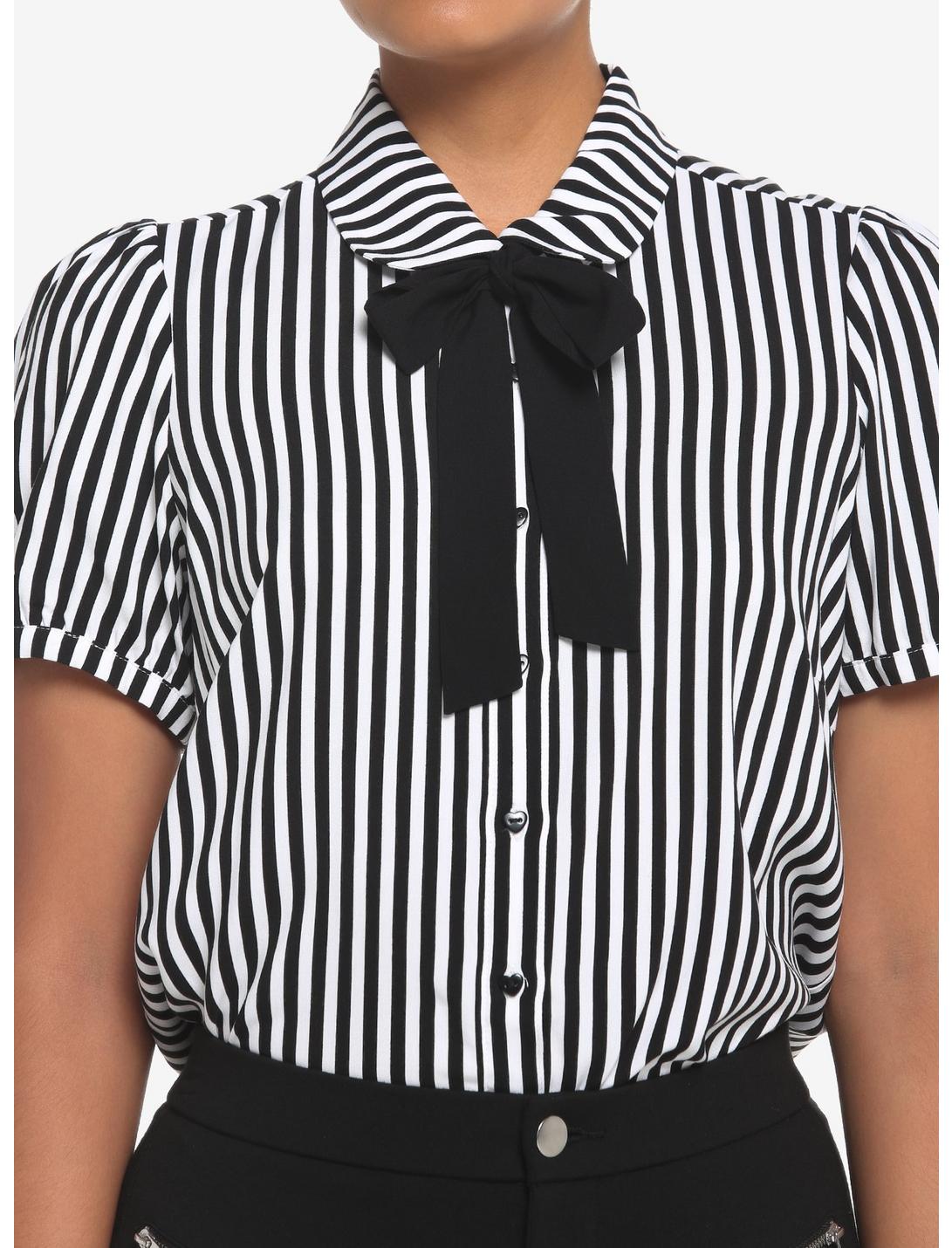 Black & White Pinstripe Bow Woven Button-Up, BLACK-WHITE STRIPE, hi-res