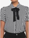 Black & White Pinstripe Bow Woven Button-Up, BLACK-WHITE STRIPE, hi-res