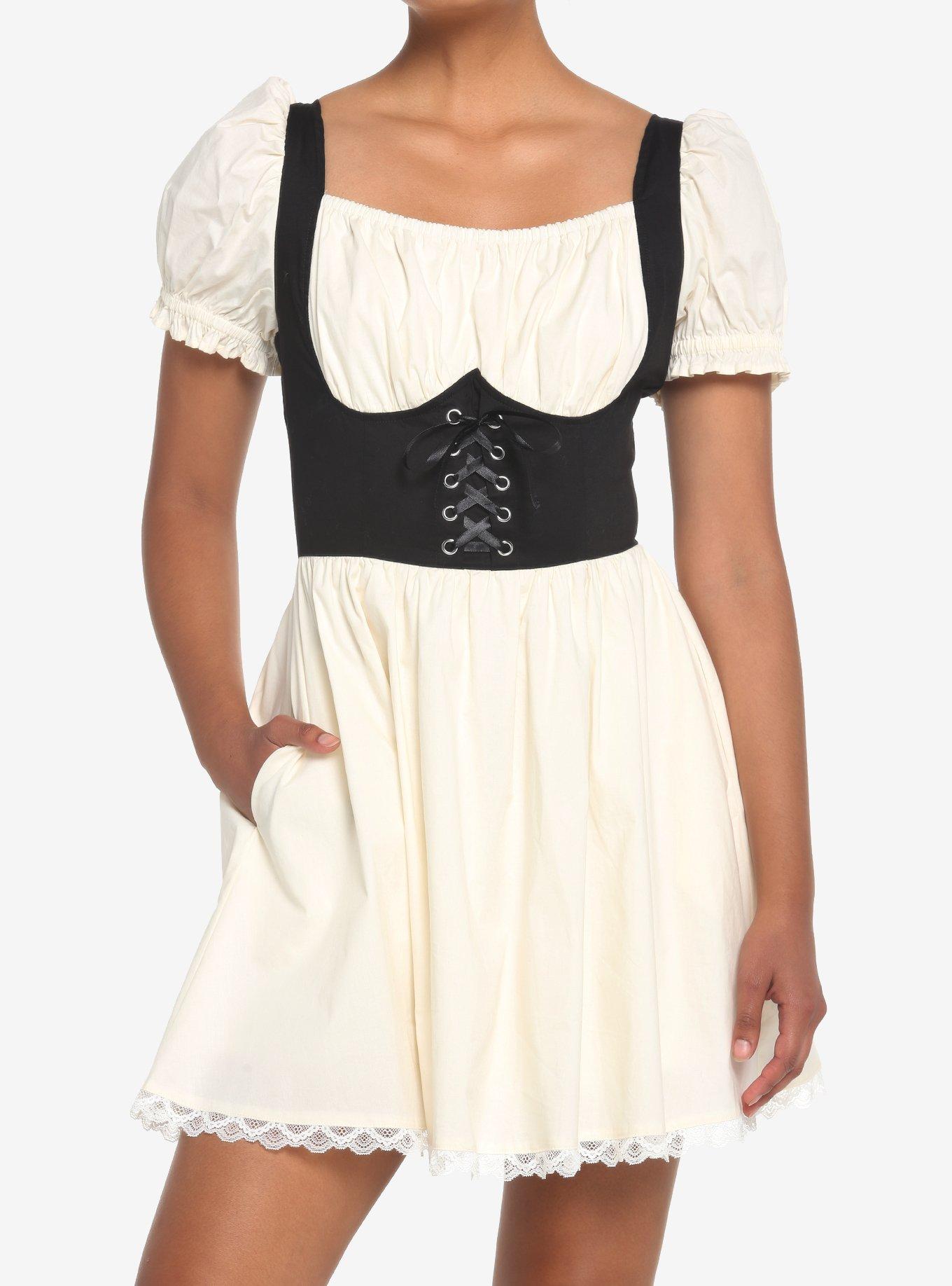 Ivory Lace Ruffle Corset Dress, BLACK-WHITE, hi-res