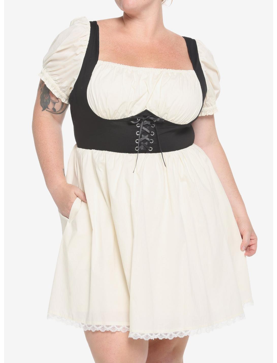 Ivory Lace Ruffle Corset Dress Plus Size, BLACK-WHITE, hi-res