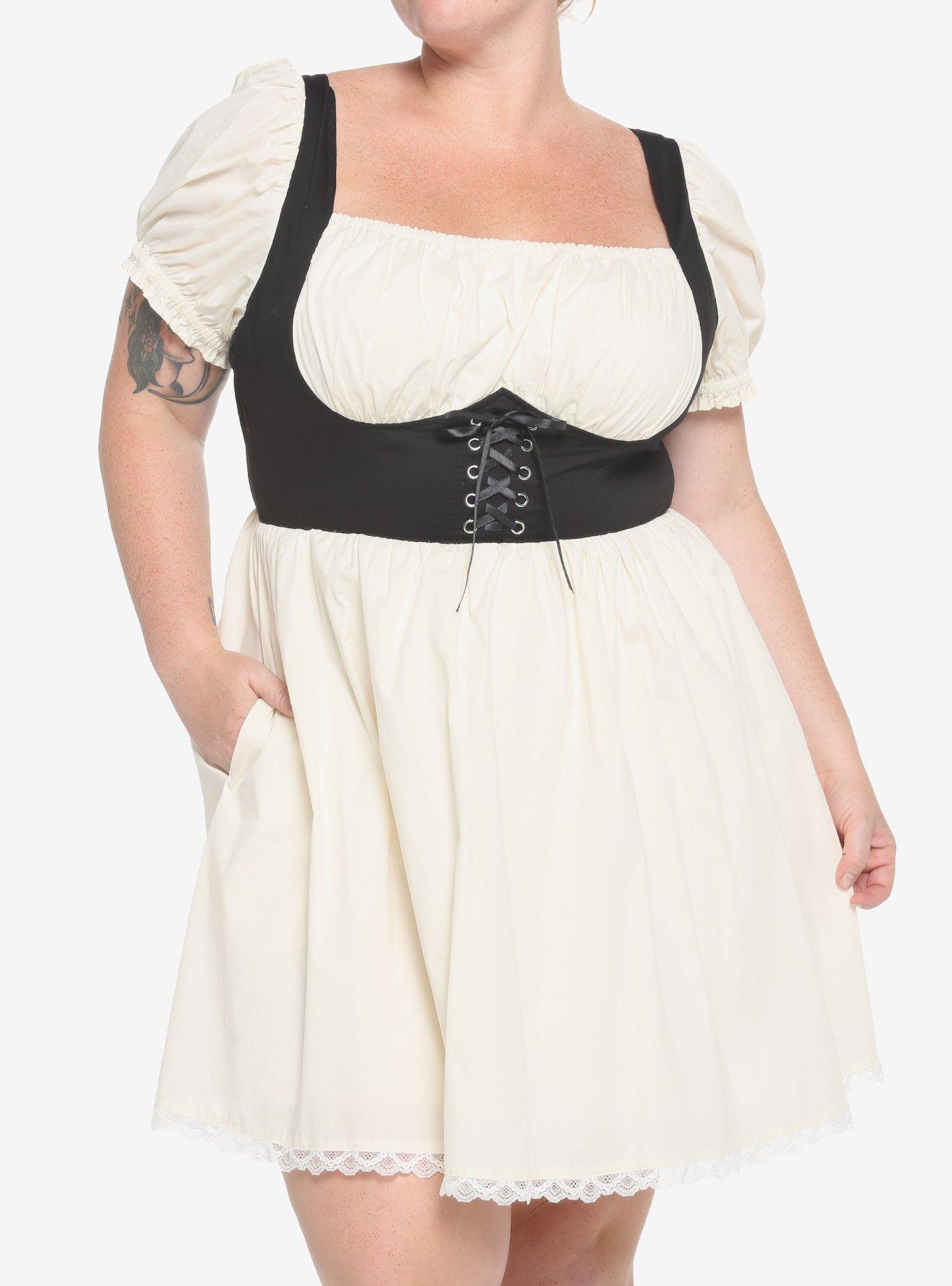 Ivory Lace Ruffle Corset Dress Plus Size, BLACK-WHITE, hi-res