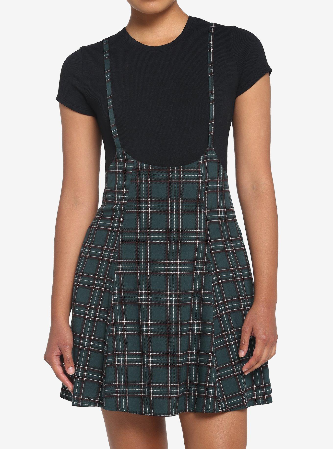 Green Plaid High-Waisted Suspender Skirt, PLAID - GREEN, hi-res