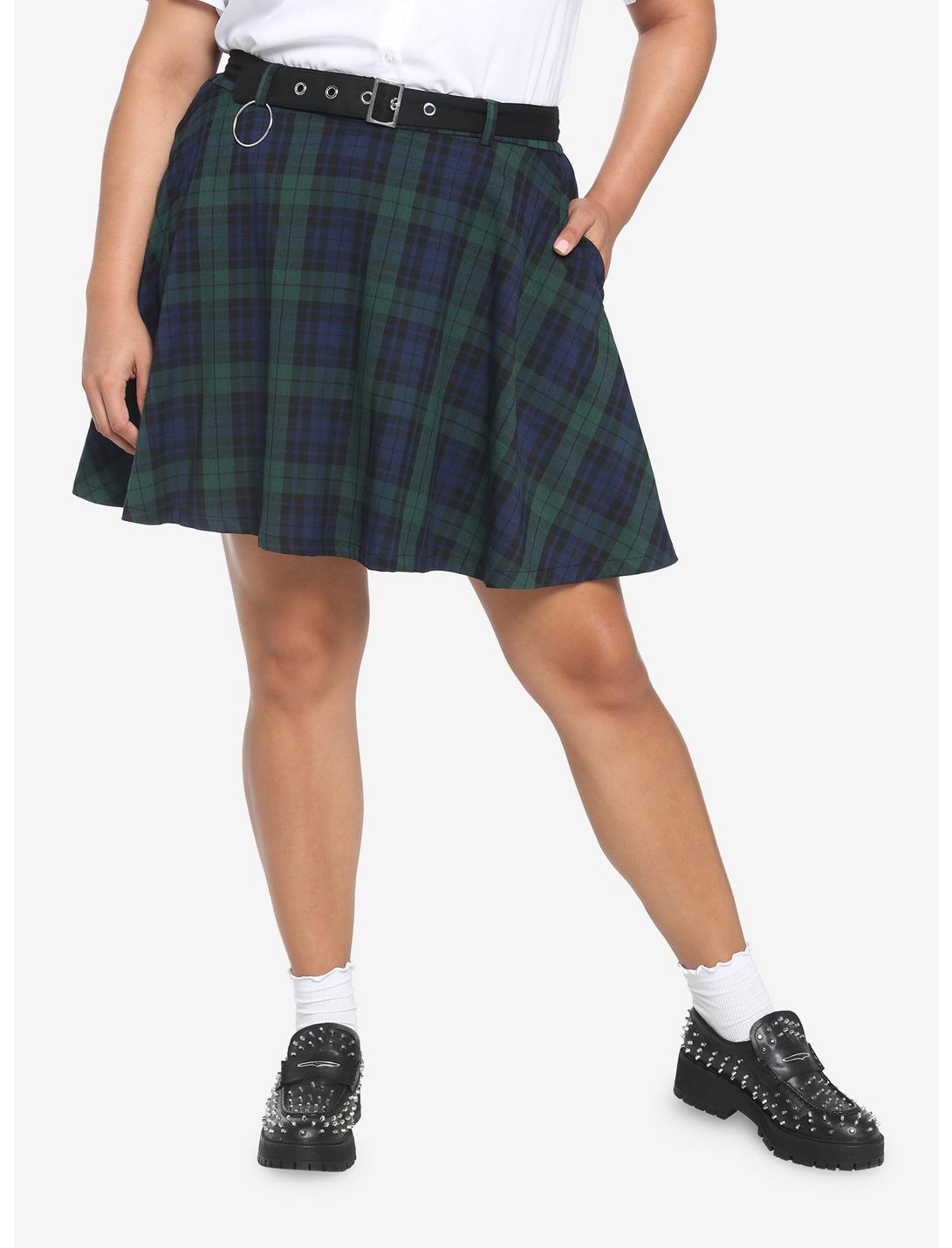 Green & Blue Plaid Skirt With Grommet Belt Plus Size, PLAID - GREEN, hi-res