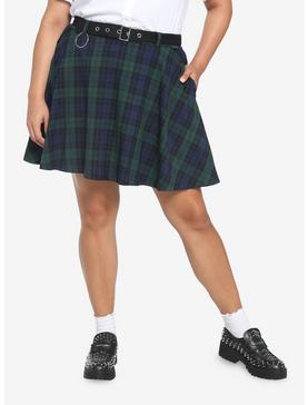 Green & Blue Plaid Skirt With Grommet Belt Plus Size, , hi-res