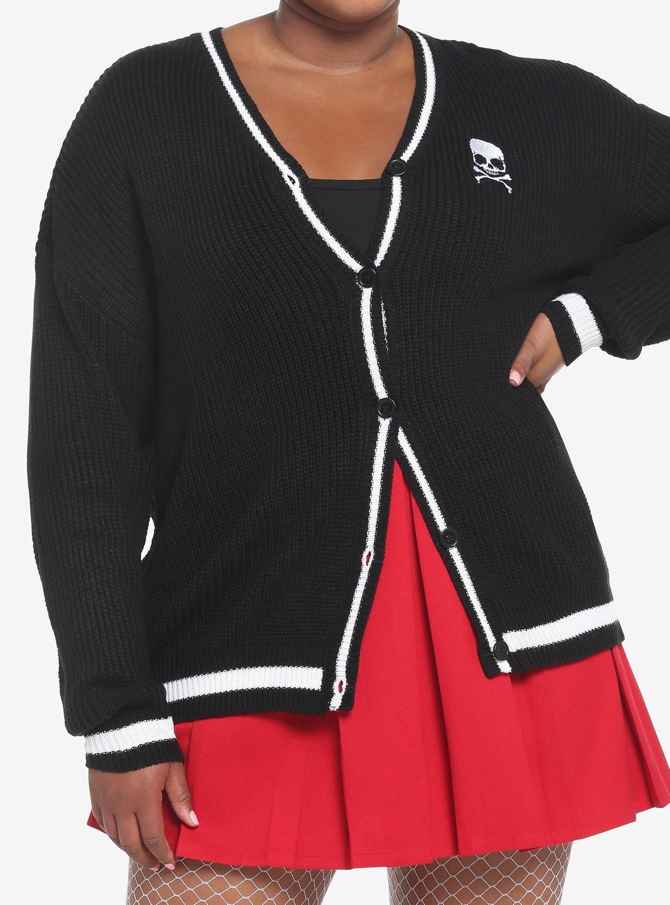 Skull Embroidery Varsity Stripe Cardigan Plus Size, BLACK WHITE STRIPE, hi-res