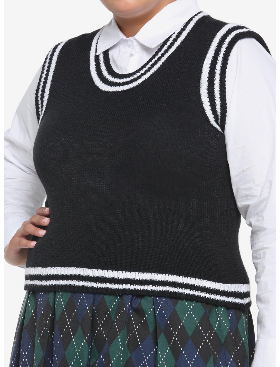 Black & White Twofer Sweater Vest & Long-Sleeve Button-Up Plus Size, BLACK-WHITE, hi-res