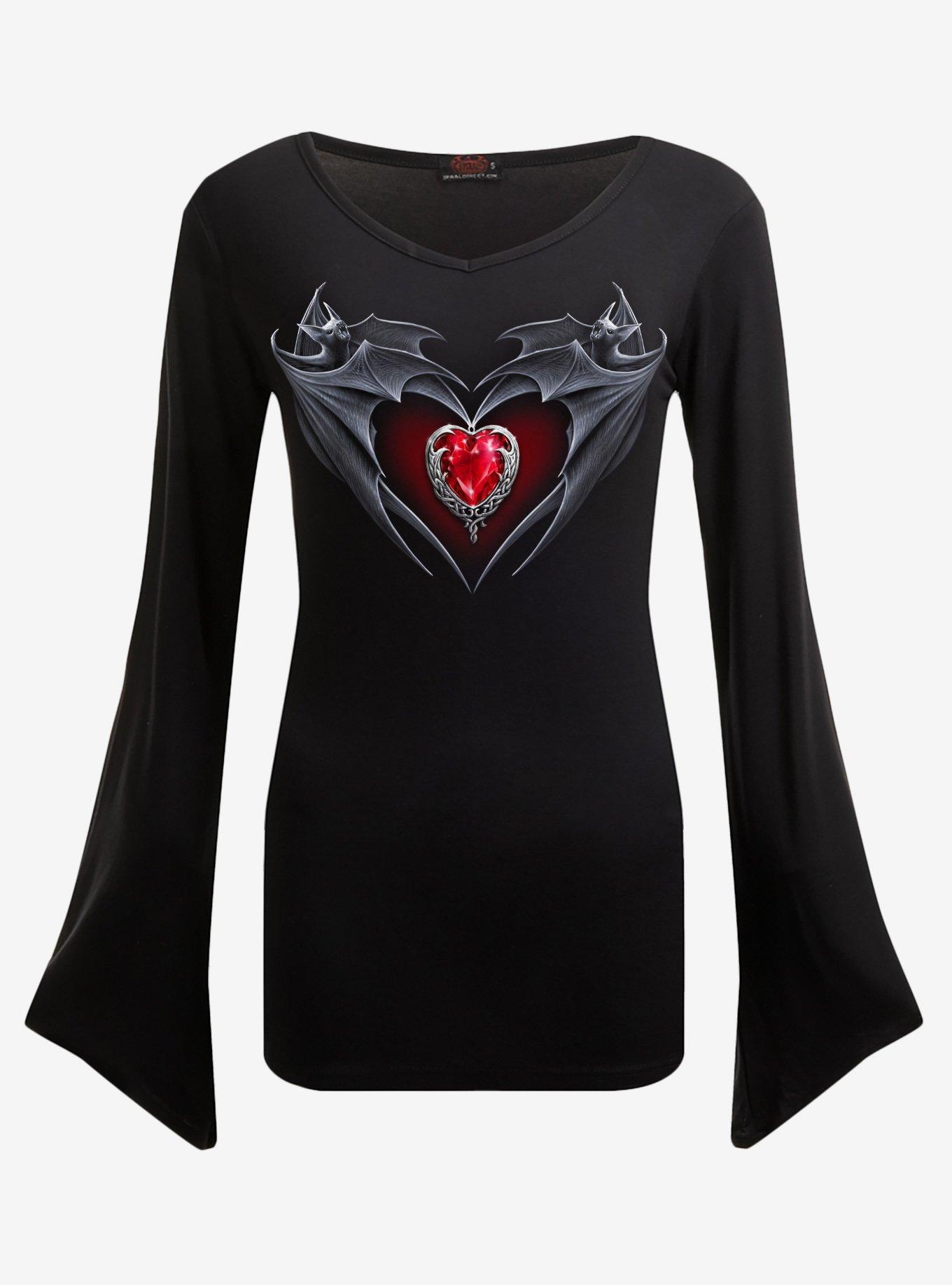 Bat's Heart V Neck Goth Long Sleeve Top Black, BLACK, hi-res