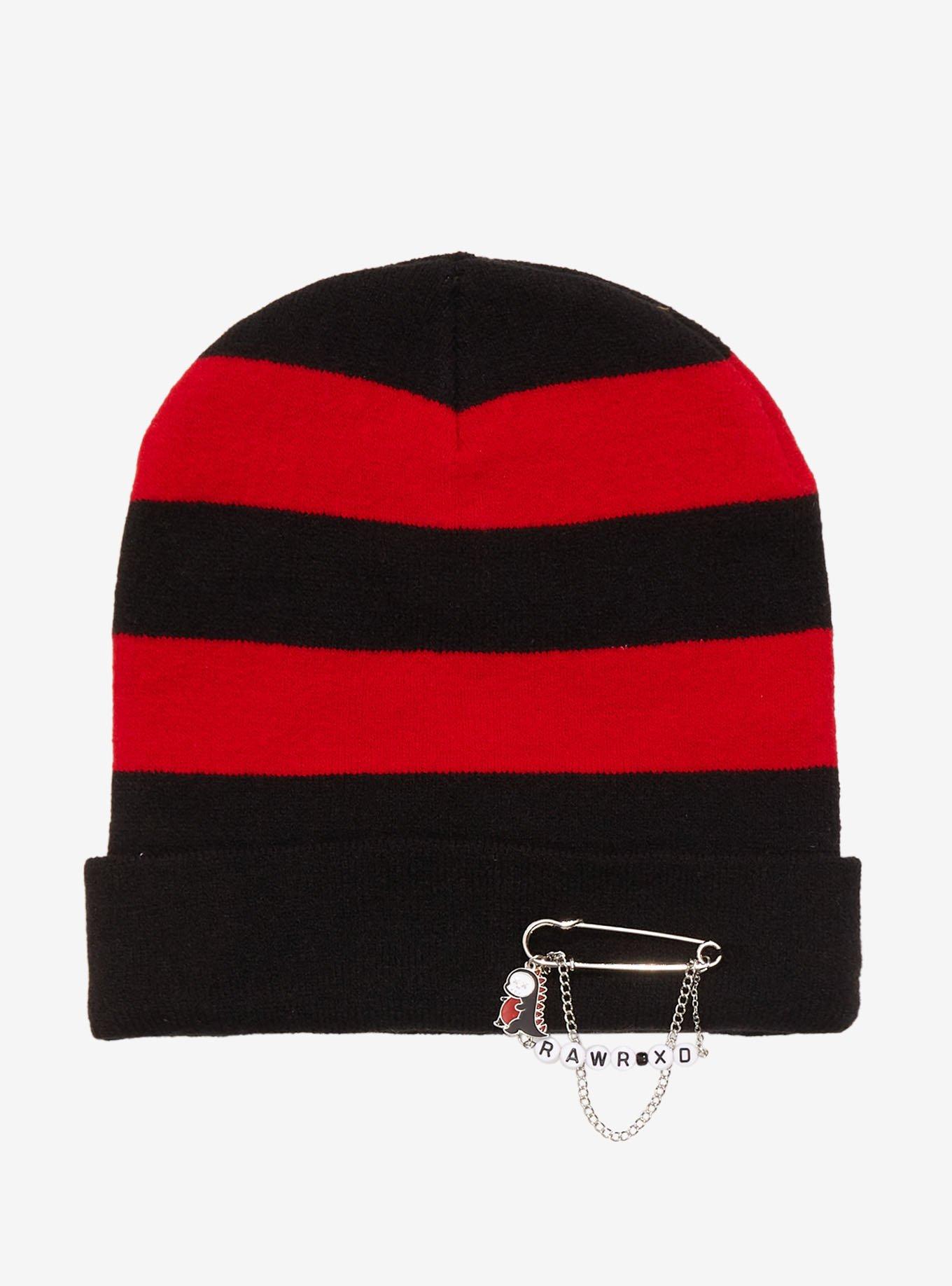 Rawr XD Black & Red Stripe Safety Pin Beanie Hot Topic